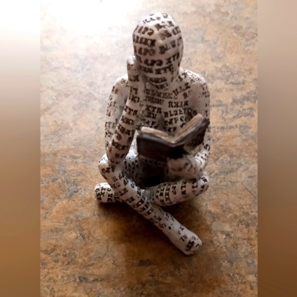 White Text-Pattern Reader Sculpture — Elegant Home Art Accent